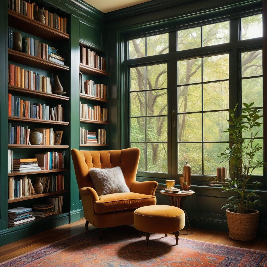 A cozy reading nook with a plush armchair and a steaming cup of tea, surrounded by shelves filled with colorful books. A warm light illuminates a notepad and pen lying next to an open book, inviting thoughtful notes and discussions. Include a window with soft natural light pouring in, showcasing green trees outside. Enrich the scene with rich, inviting colors and a peaceful ambiance. super-realistic. vibrant colors. warm tones.