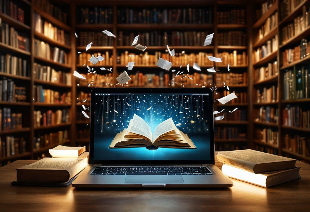 An inviting digital library scene, featuring an open laptop with a glowing screen displaying an e-book, surrounded by floating books and digital devices. Warm lighting casts a cozy ambiance, while various literary symbols like quills and open books hover in the air. A soft, cloud-like background enhances the airy feel of reading in the digital age. super-realistic. vibrant colors. cozy atmosphere.